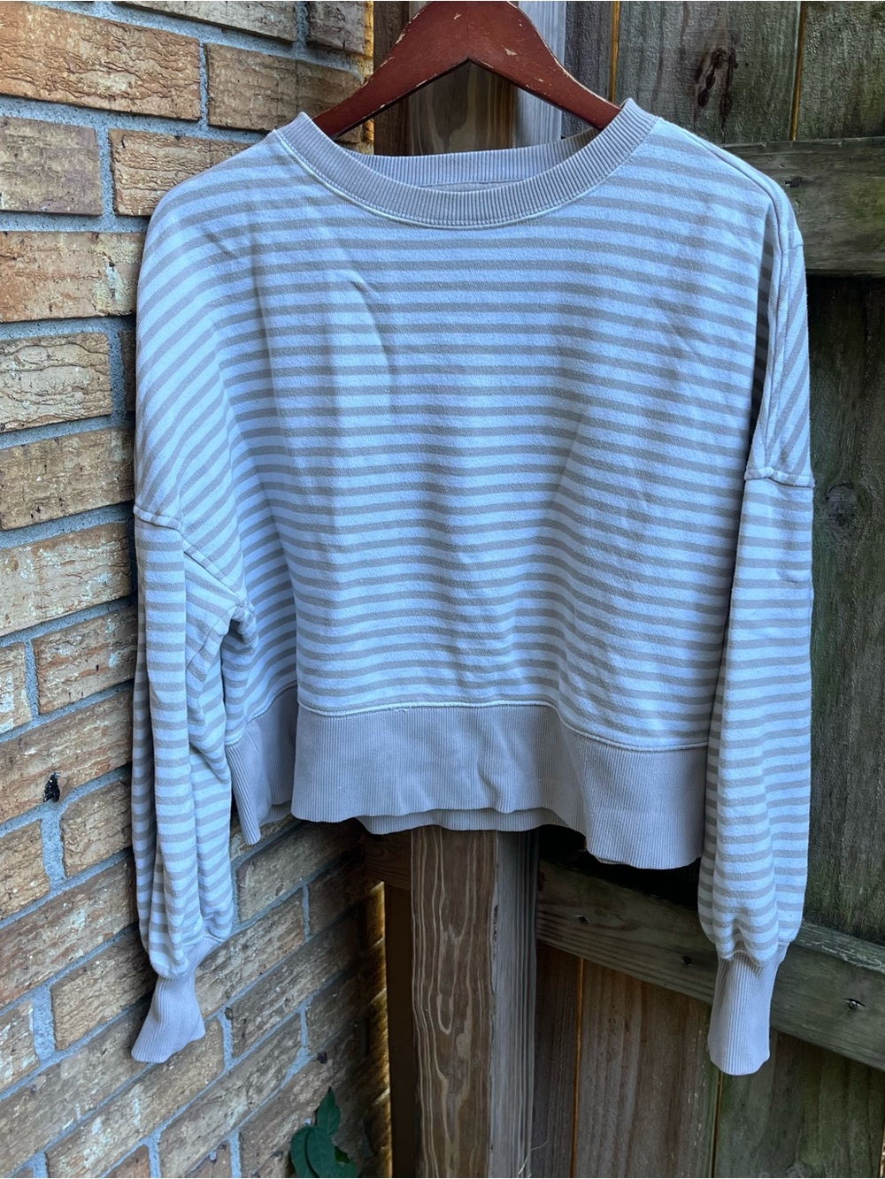 Aerie Light Beige and White Striped Crewneck Sweatshirt